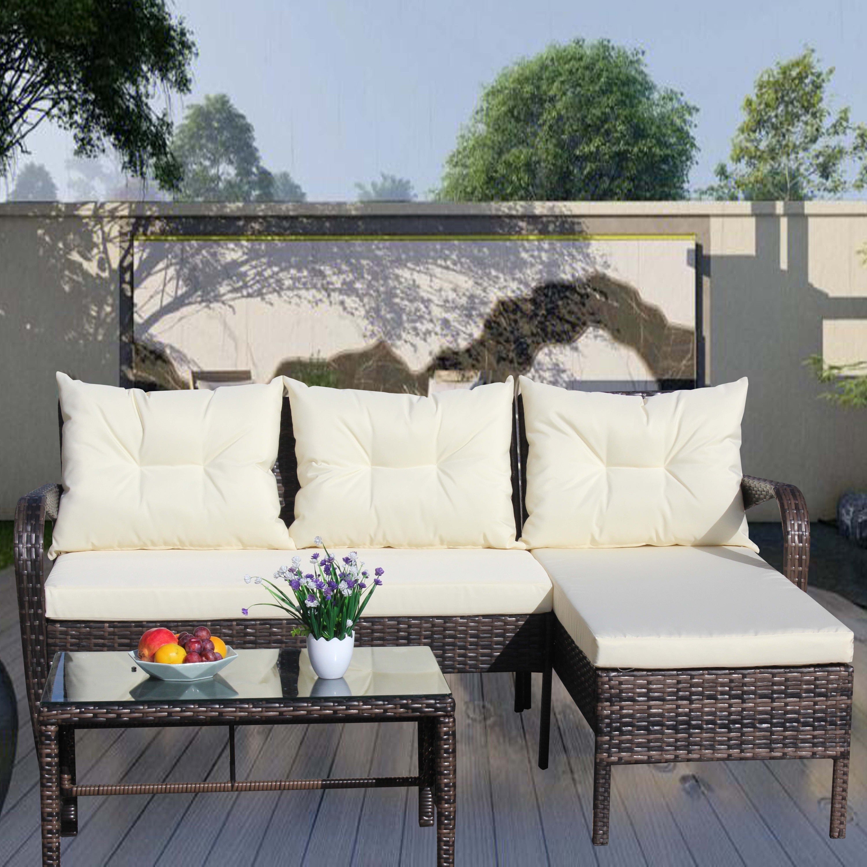 Outdoor Sectional Set PE Rattan Steel Brown Beige Cushion 3 Piece 560 LB