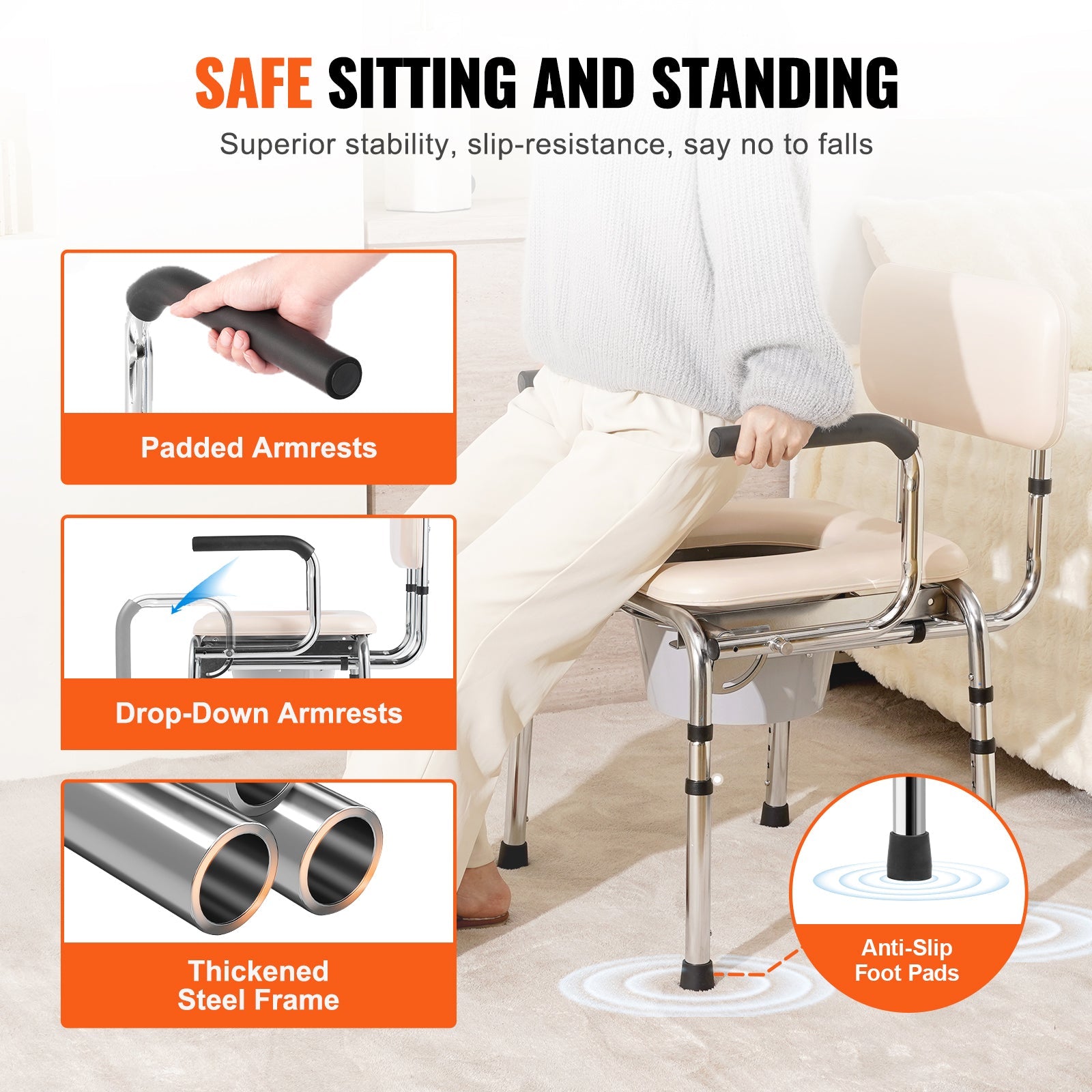 Commode Chair with Padded Seat and Adjustable Height
