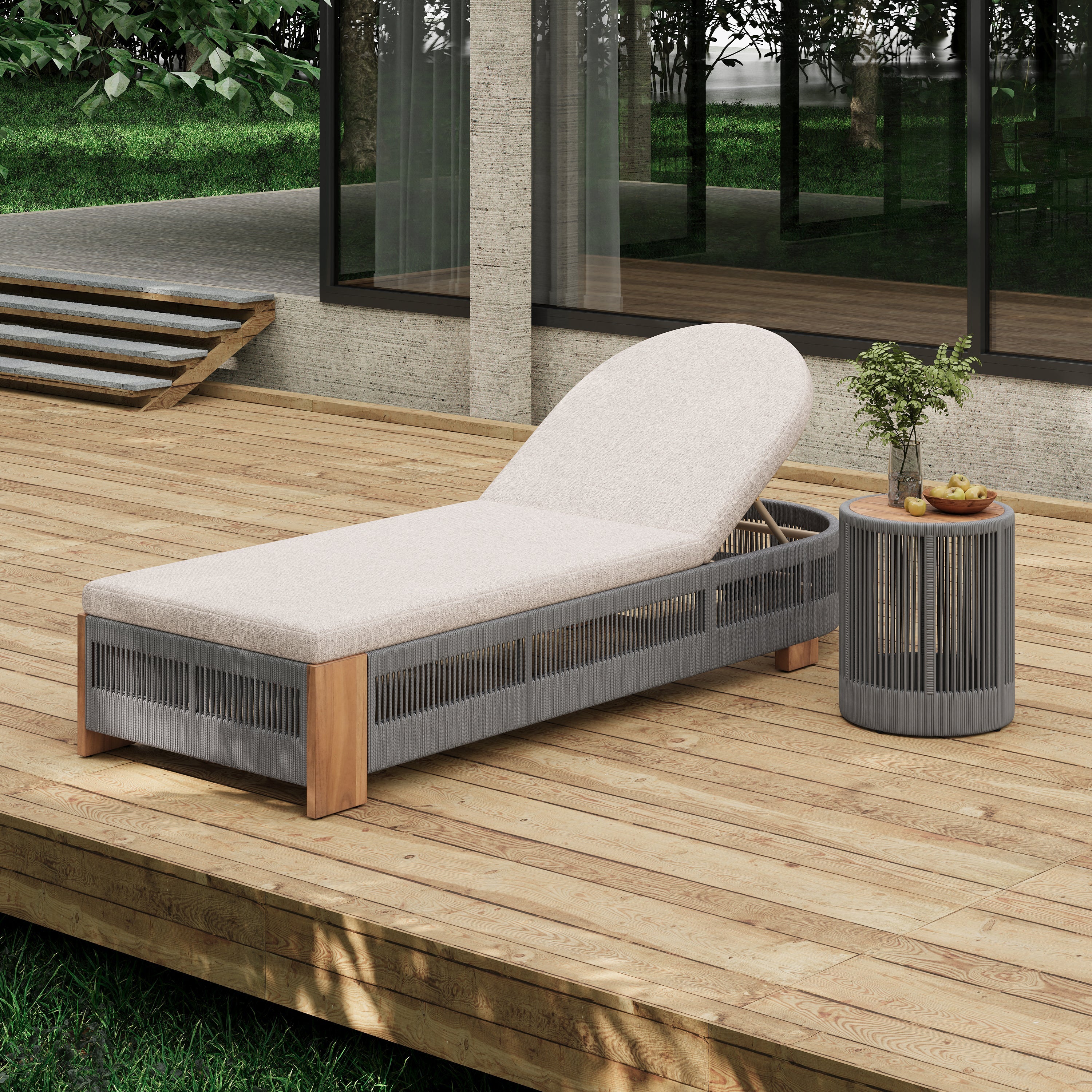 Chaise Lounge Acacia Wood Rope Teak Beige Set of 2 Adjustable Side Table