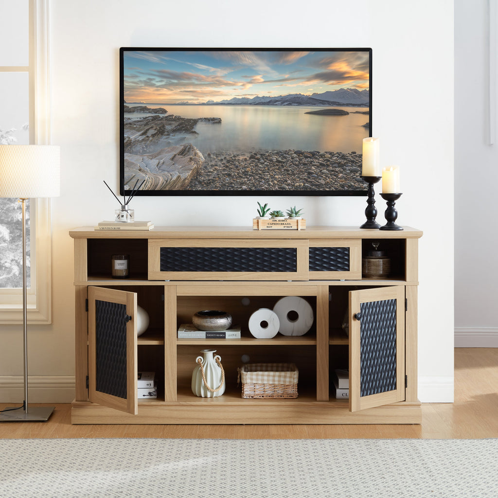 TV Stand Farmhouse Light Oak MDF Embossed Doors 3-Shelf Fits 65 In TV 58.27 In