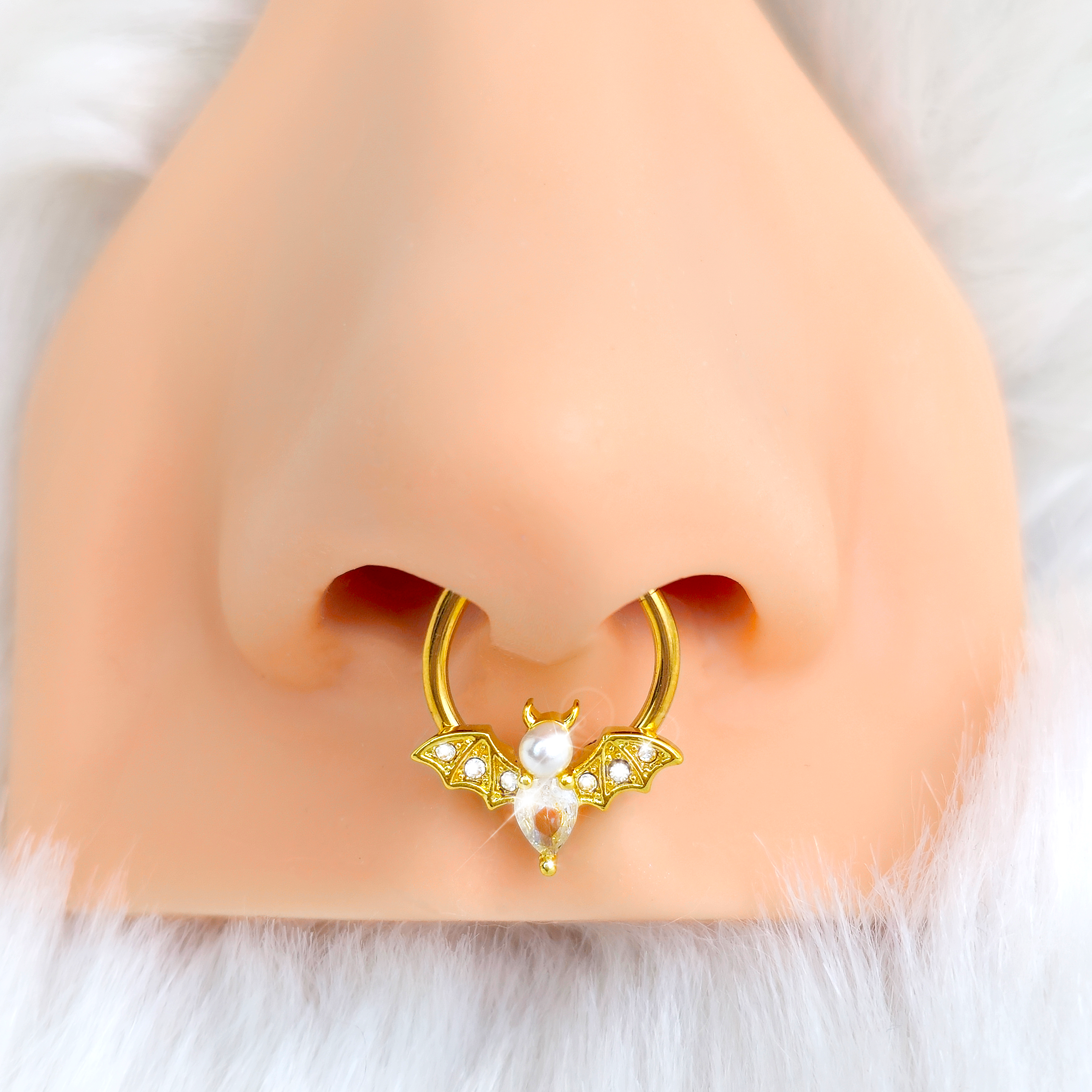 16G 3/8 Clear Gem Gold Tone Bat Halloween Hinged Segment Ring