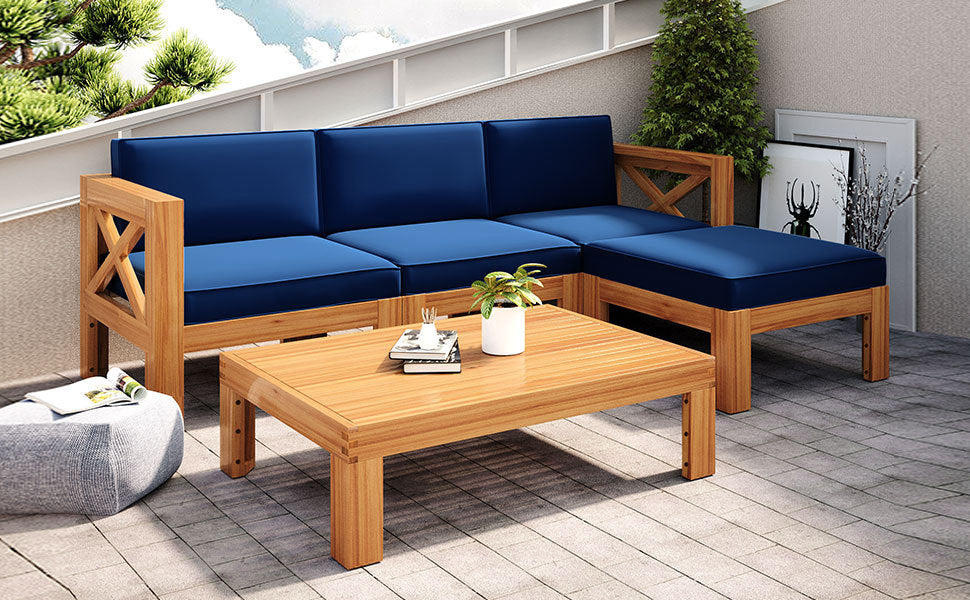 Outdoor Patio Sectional Set Acacia Wood Natural Blue Cushions 5 Piece