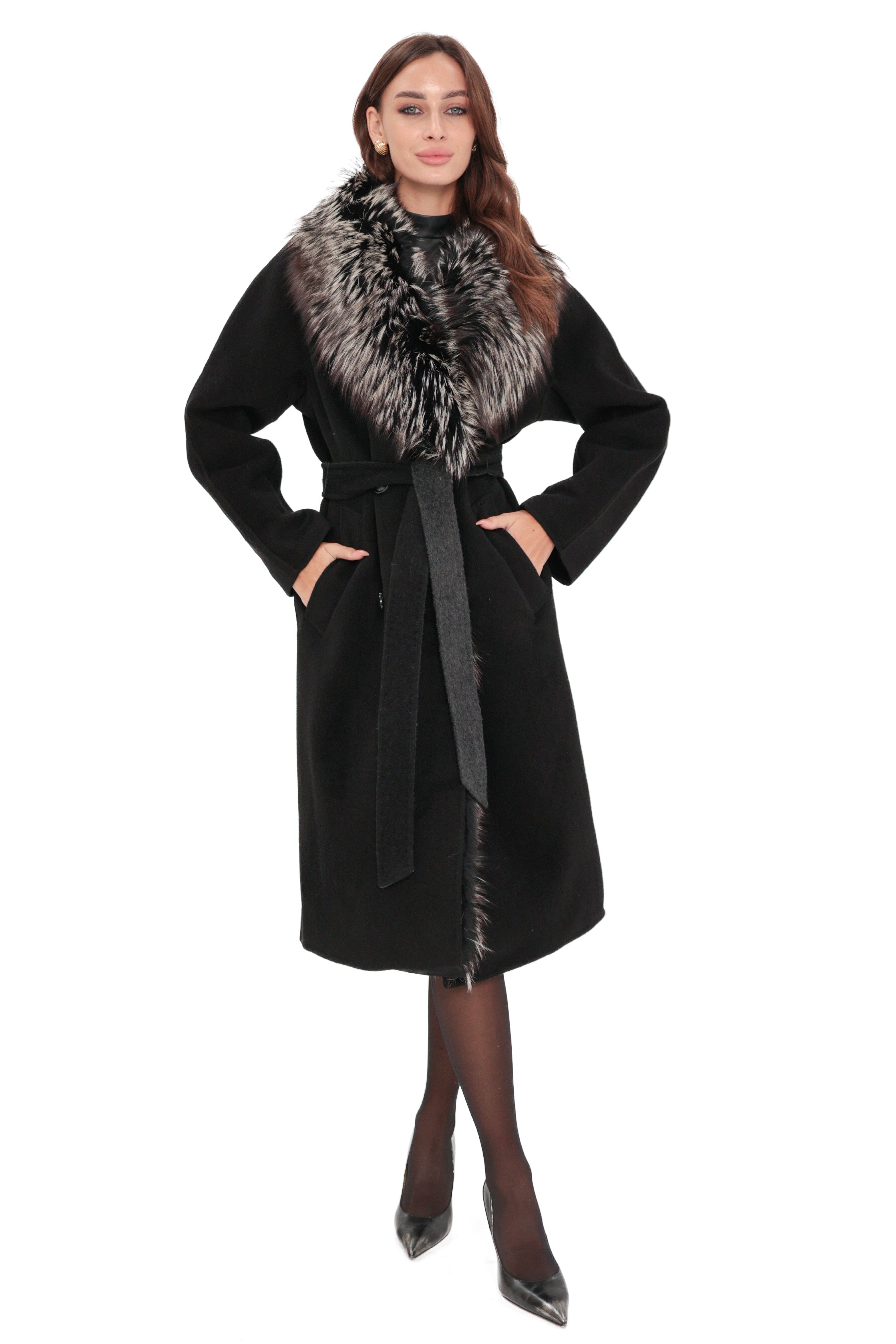 Genuine Silver Fox Cashmere Blend Coat