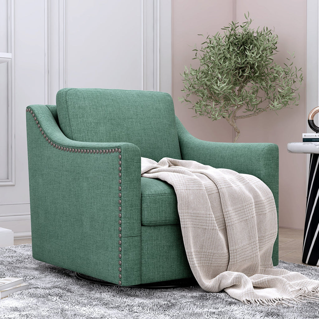 Accent Chair Swivel 360 Degree Linen Blackish Green Brass Nailheads 300 LB