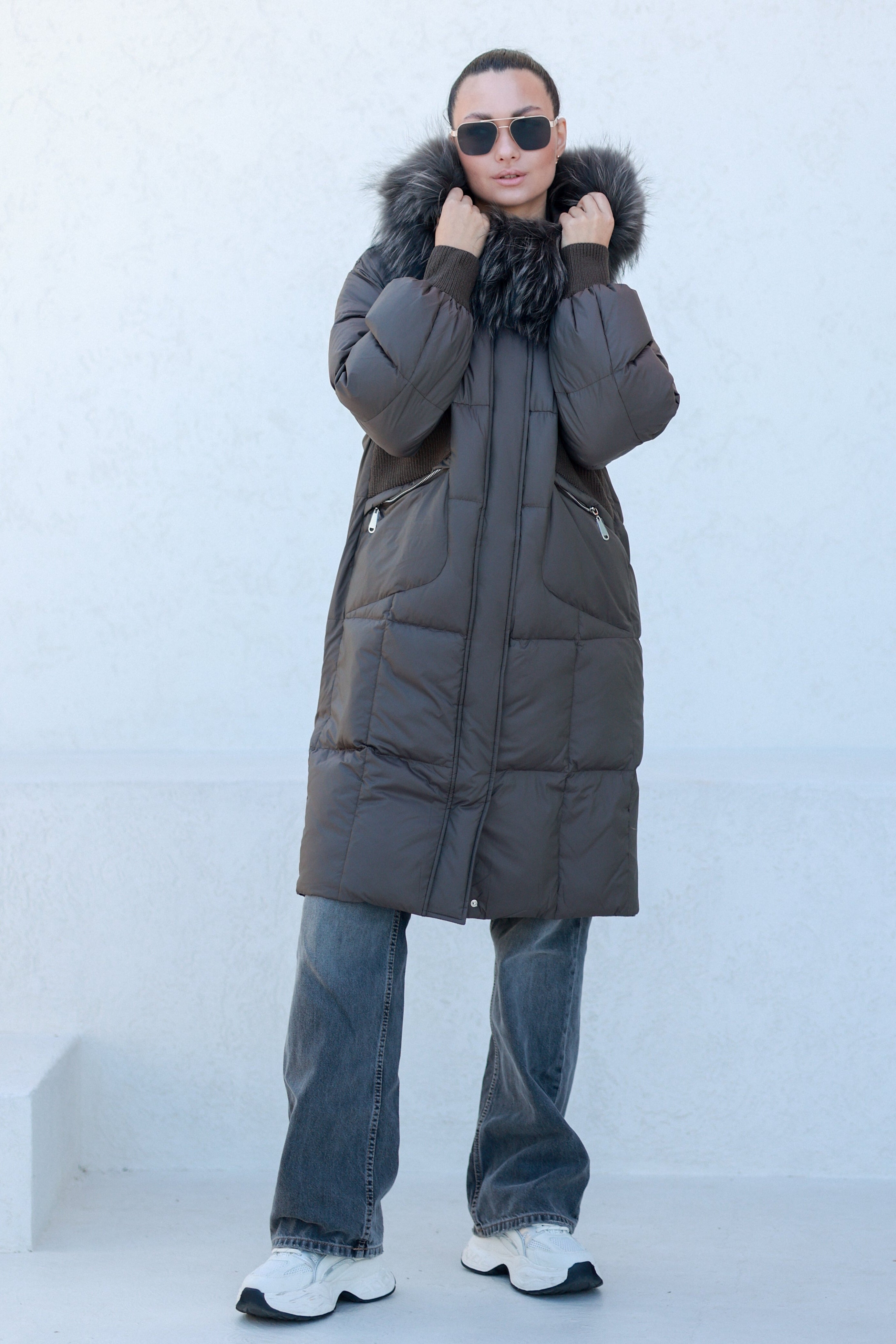 Lauren Genuine Fur Trim Down Fill Coat in Tobacco