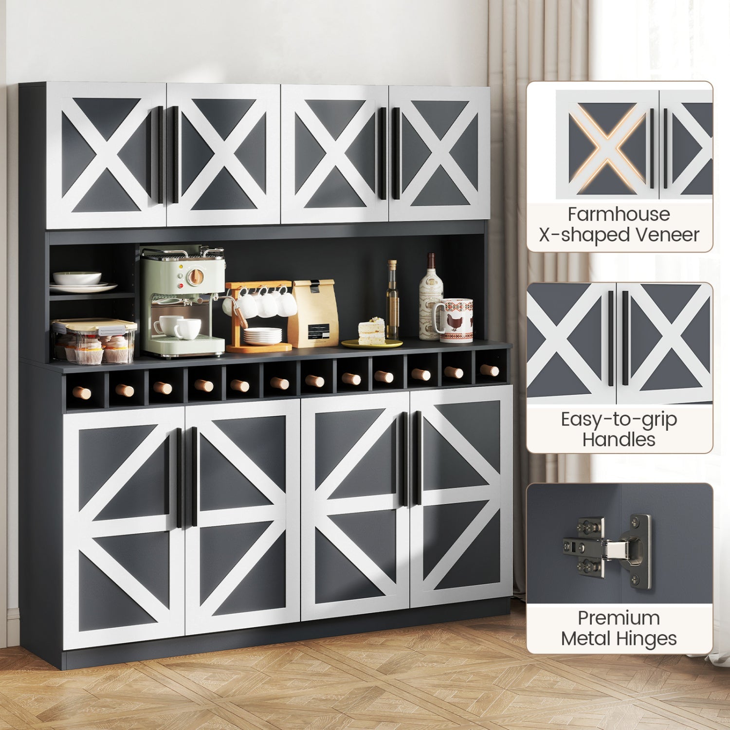 70 Inch Farmhouse Pantry Cabinet Kitchen Buffet Hutch with 4 Cabinets and 2 Open Shelves