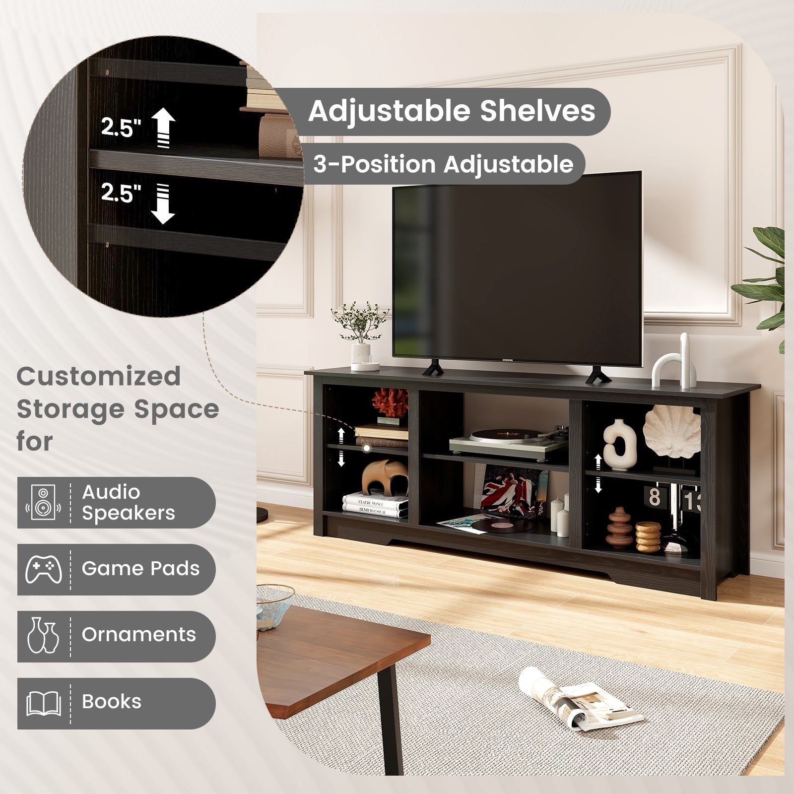 70 Inch TV Stand for up to 75 Inch Flat Screen TVs with Adjustable Shelves