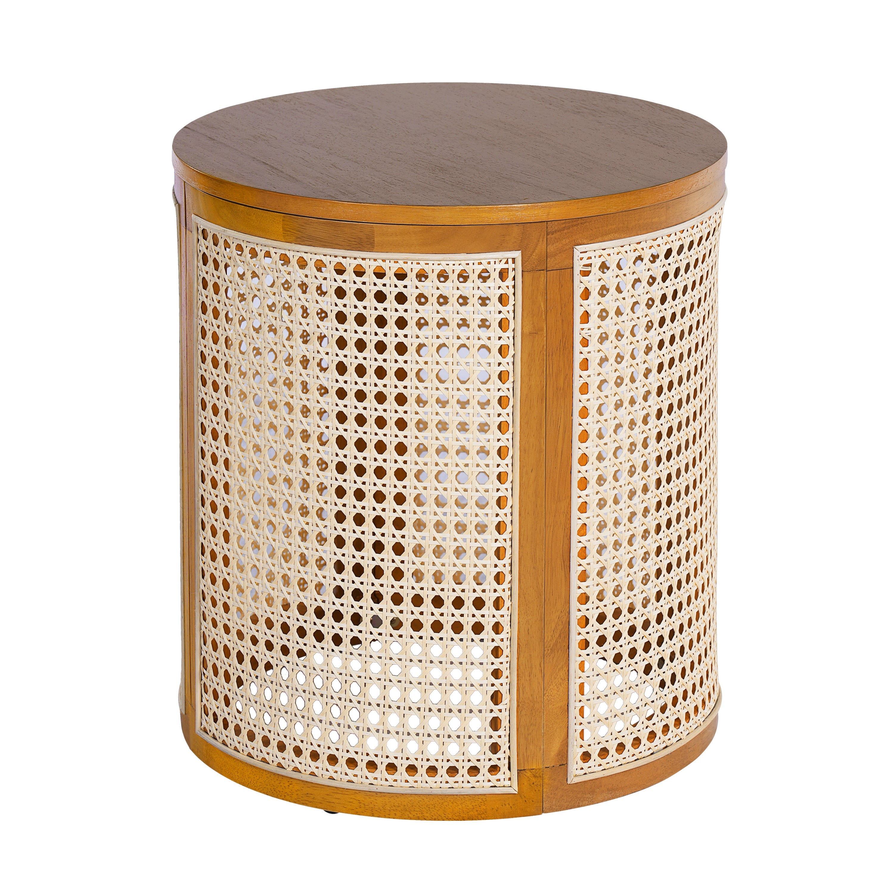 15.70' Round End Table, Hollow Woven Side Table, Small Rubber Wood Nightstand,