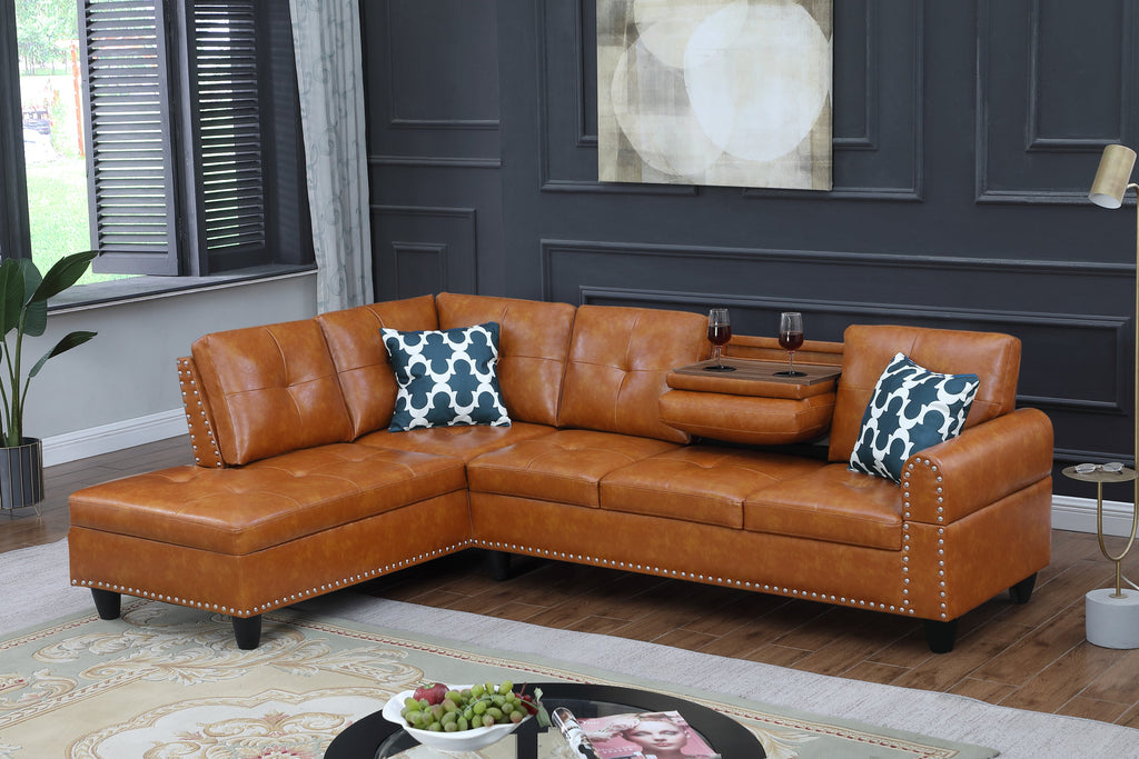 Sectional Sofa L-Shape Faux Leather Ginger 3 Seat Tufted Nailhead