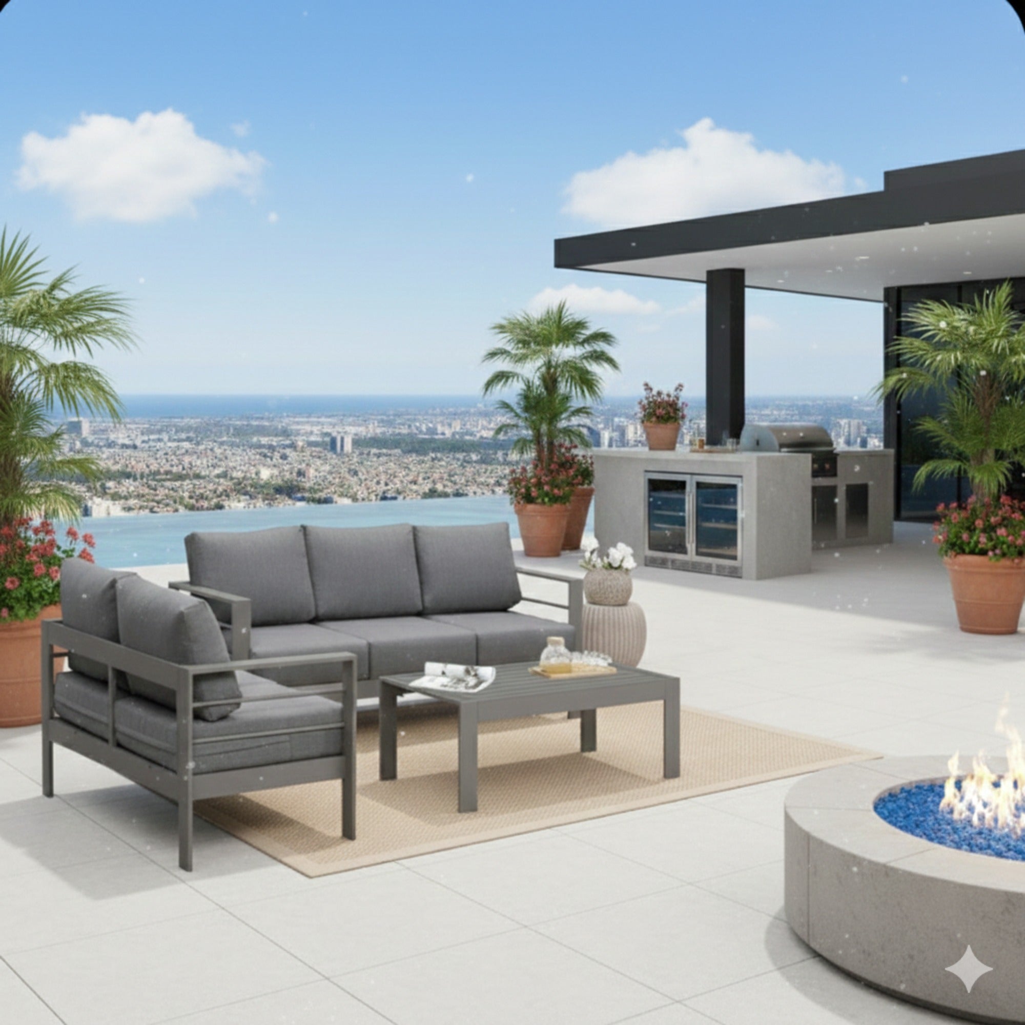 Outdoor Conversation Set 5 Seat Aluminum Gray Blue Cushion