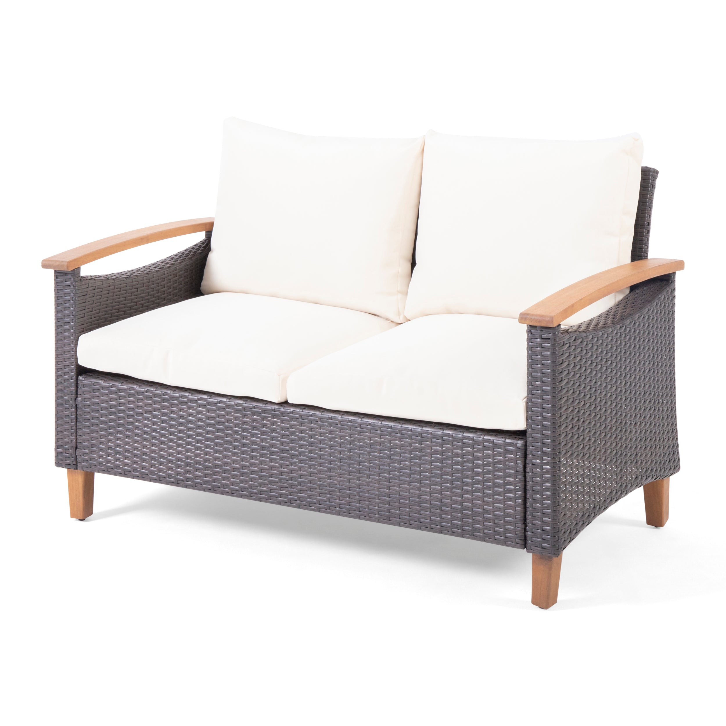 Outdoor Patio Set PE Rattan Acacia Wood Teak Cushions 4 Piece