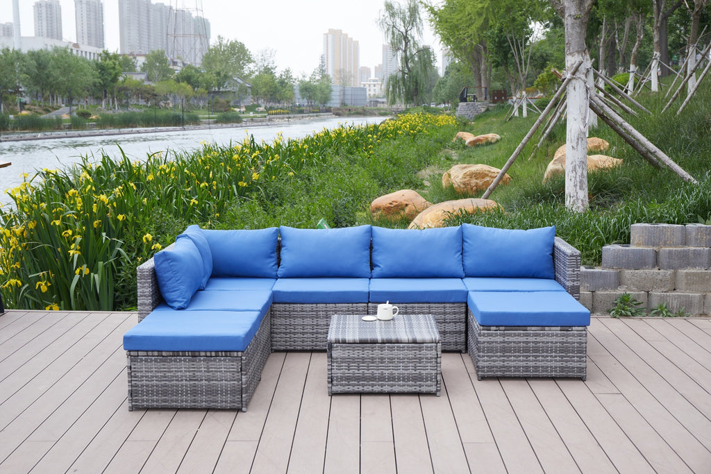 Outdoor Patio Sofa Set PE Rattan Blue Gray All Weather Steel Frame