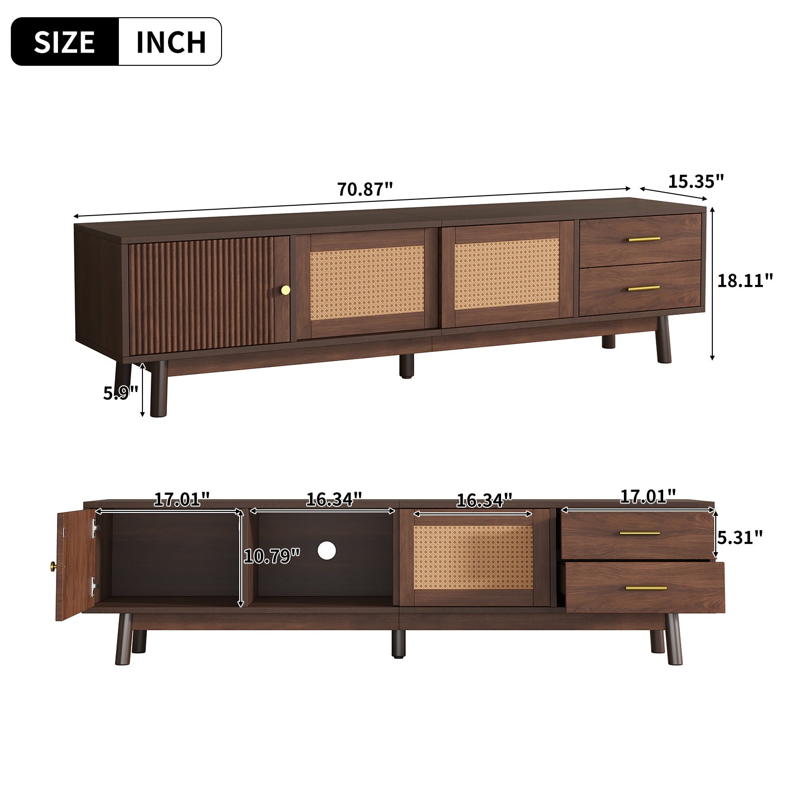 TV Stand Mid-Century Dark Brown Solid Wood Rattan Sliding Door Fits 80 In TV