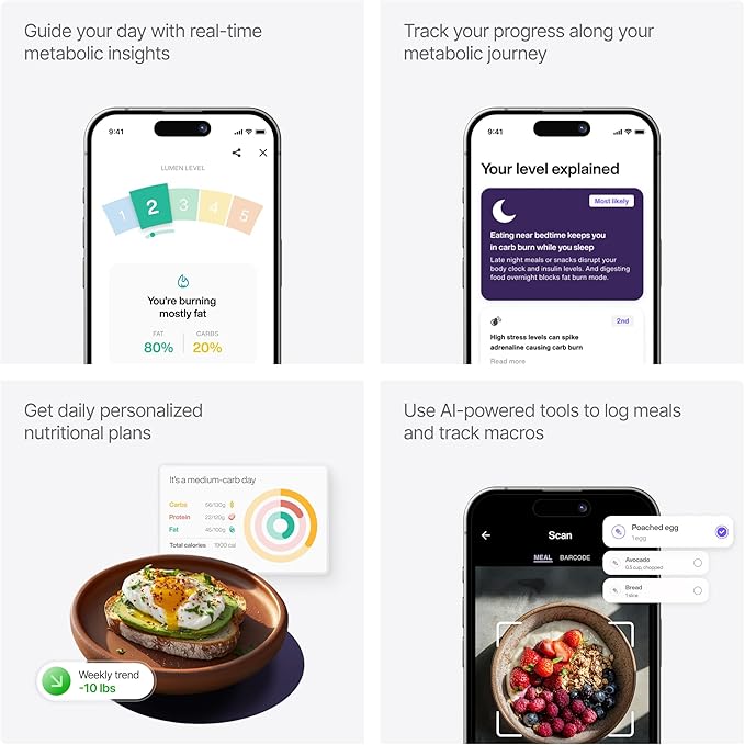 Lumen Metabolism Tracker Device - Measure Real-Time Fat & Carb Burn, Daily Nutrition, Meal Plans, Metabolic Health, Weight Loss, Athletic Fitness & Performance for Men & Women w/Month Subscription
