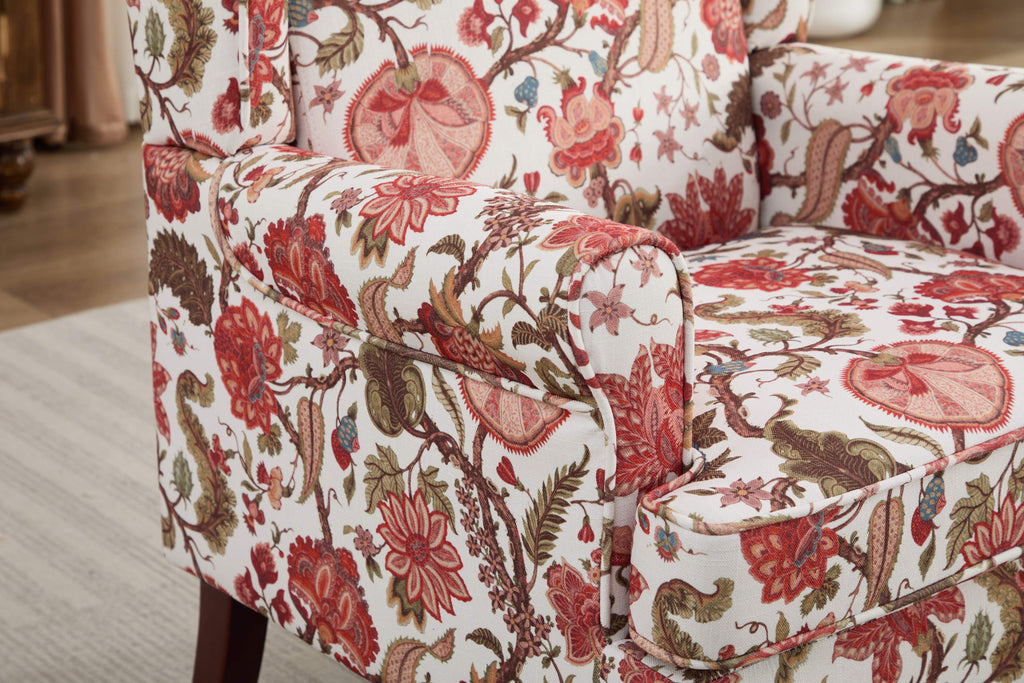 Accent Chair Wingback Linen Floral Red Pine Legs 28x30x38 In