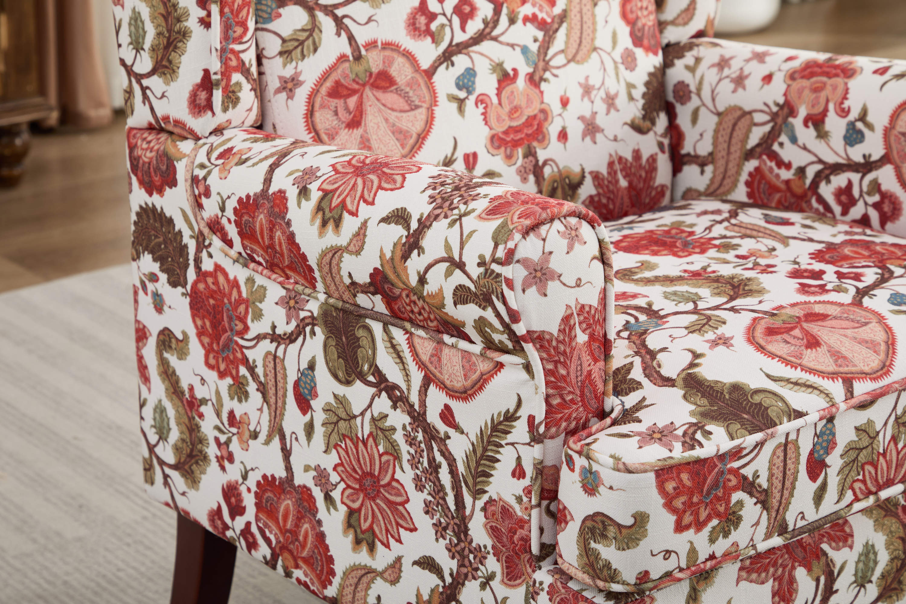 Accent Chair Wingback Linen Floral Red Pine Legs 28x30x38 In