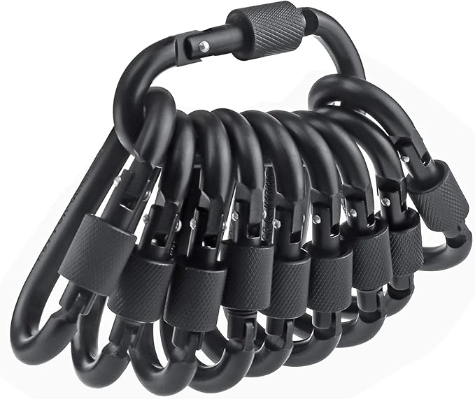 10 Pack Aluminum D Ring Key Rings Hiking Clips Locking Carabiner for Hiking Camping Fishing and Outdoor Use，Clips with Screw Gate Multicolored