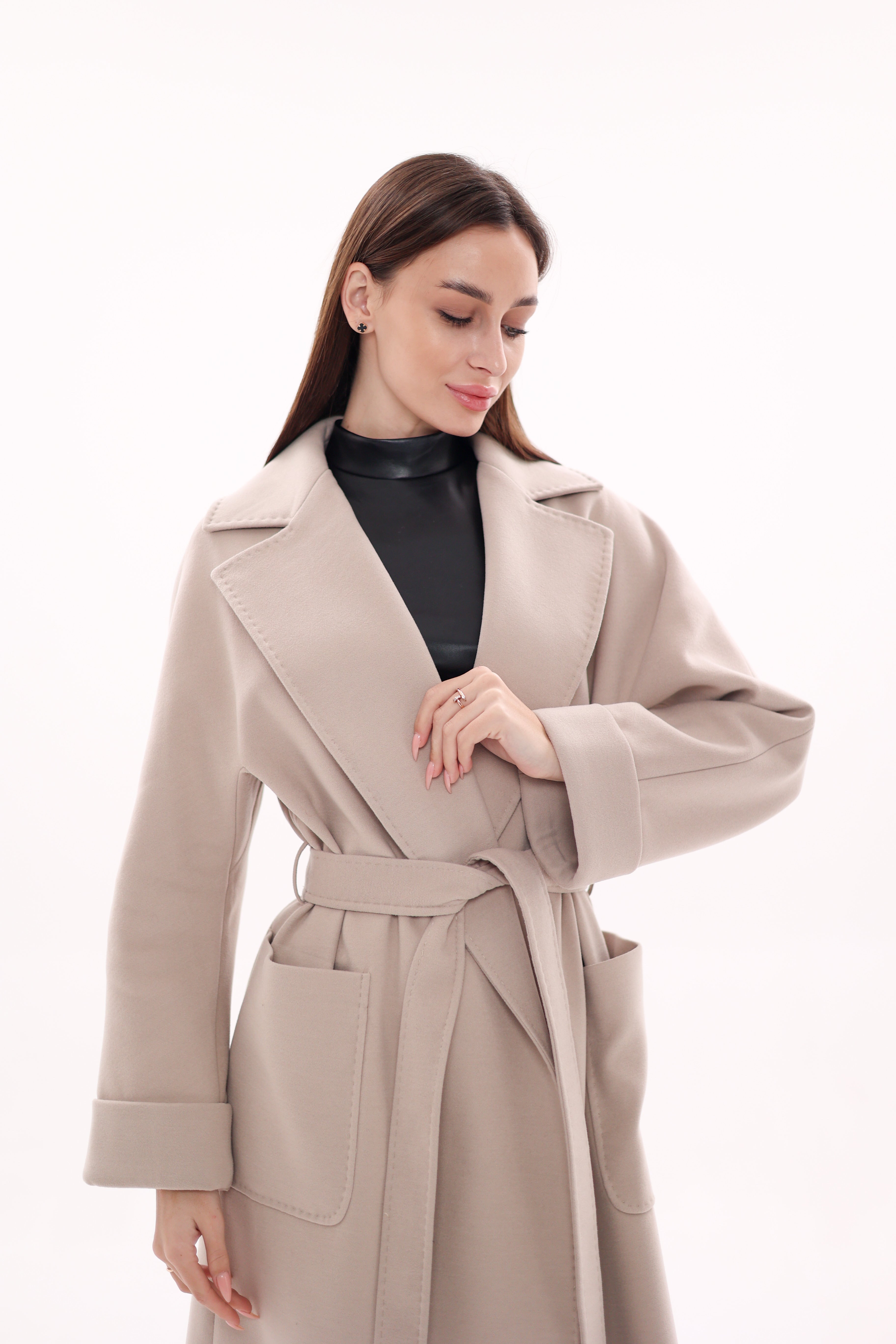 Marley Wraparound Wool Cashmere Coat in Nude