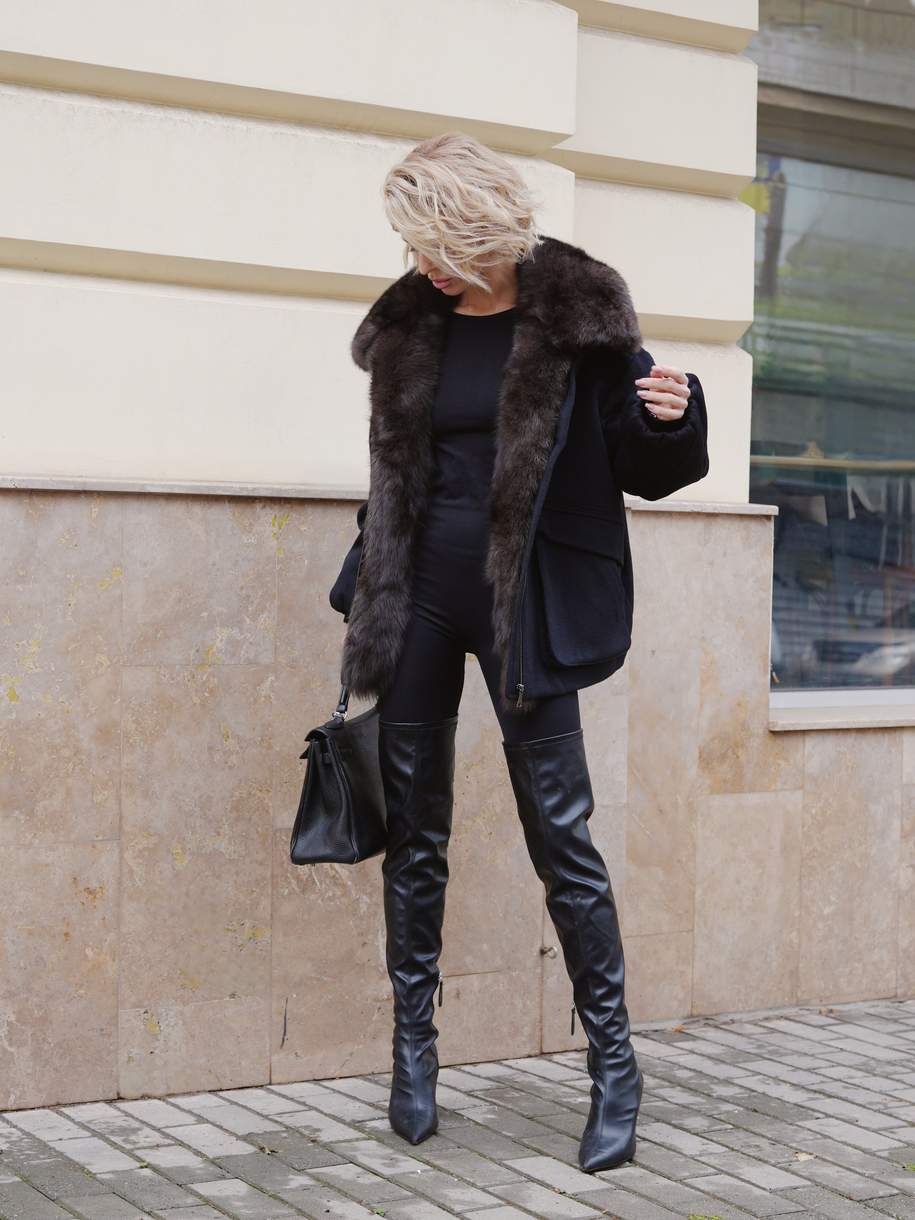 Rimini Genuine Fur Trim Wool Blend Parka in Black