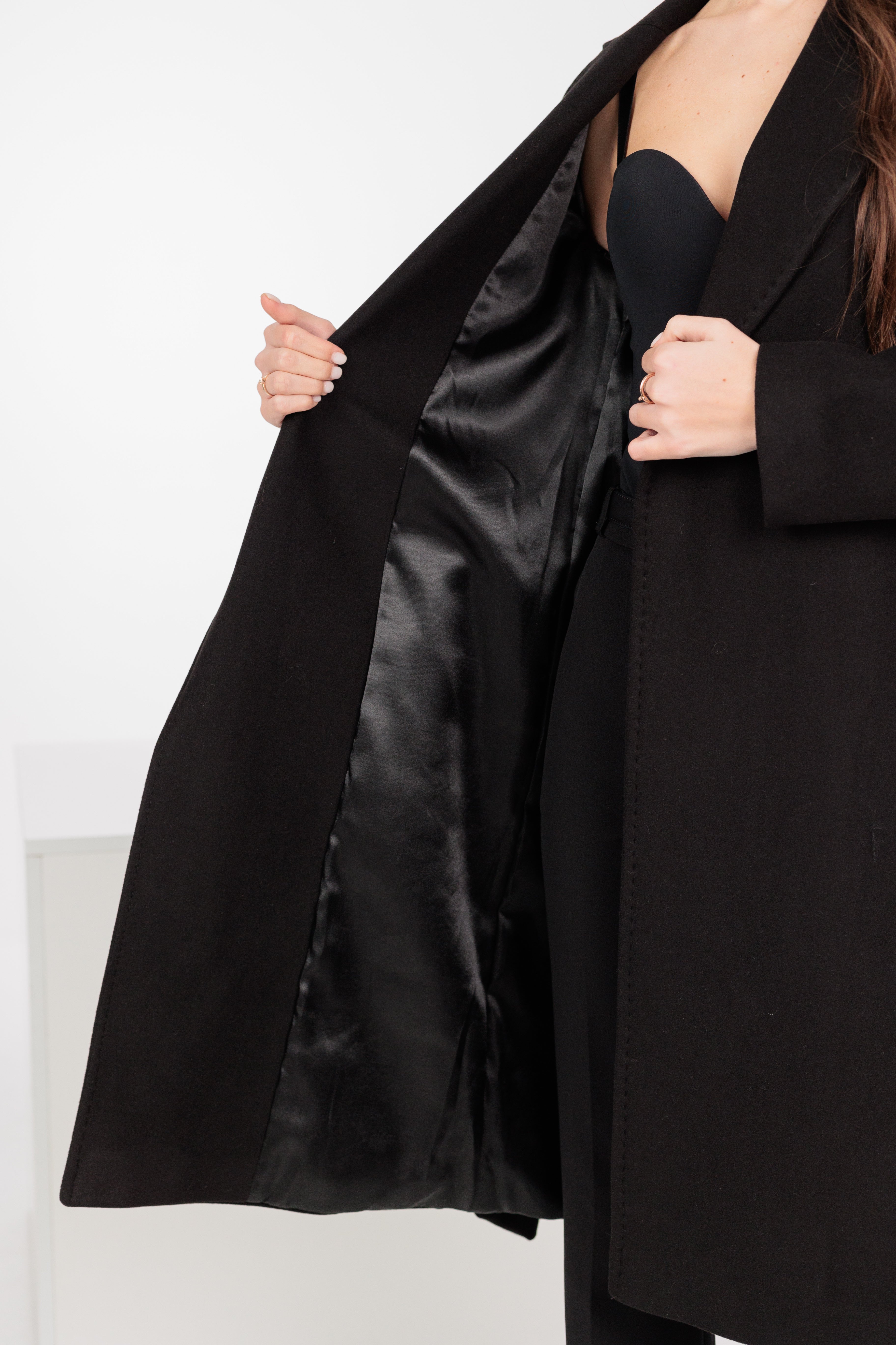 Geneva Classic Wraparound Wool Blend Overcoat in Black