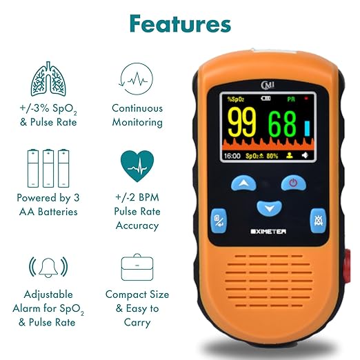 CMI Health Battery Operated Pulse Oximeter - Continuous Infant Monitoring (Up to 25 lbs) & Adult Finger Spot-Checking - Adjustable Alarm for Pulse Rate and SpO2 Levels - Carry Case