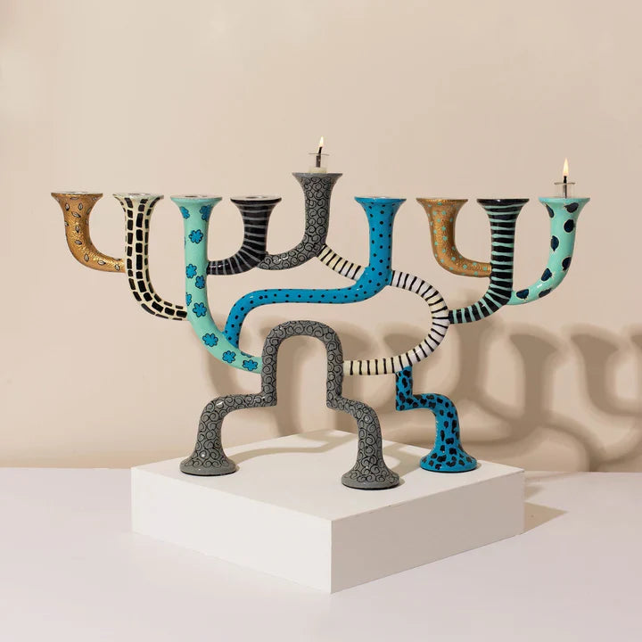 Luxury Hand-Painted Enamel Judaica Menorah - Loopa Series