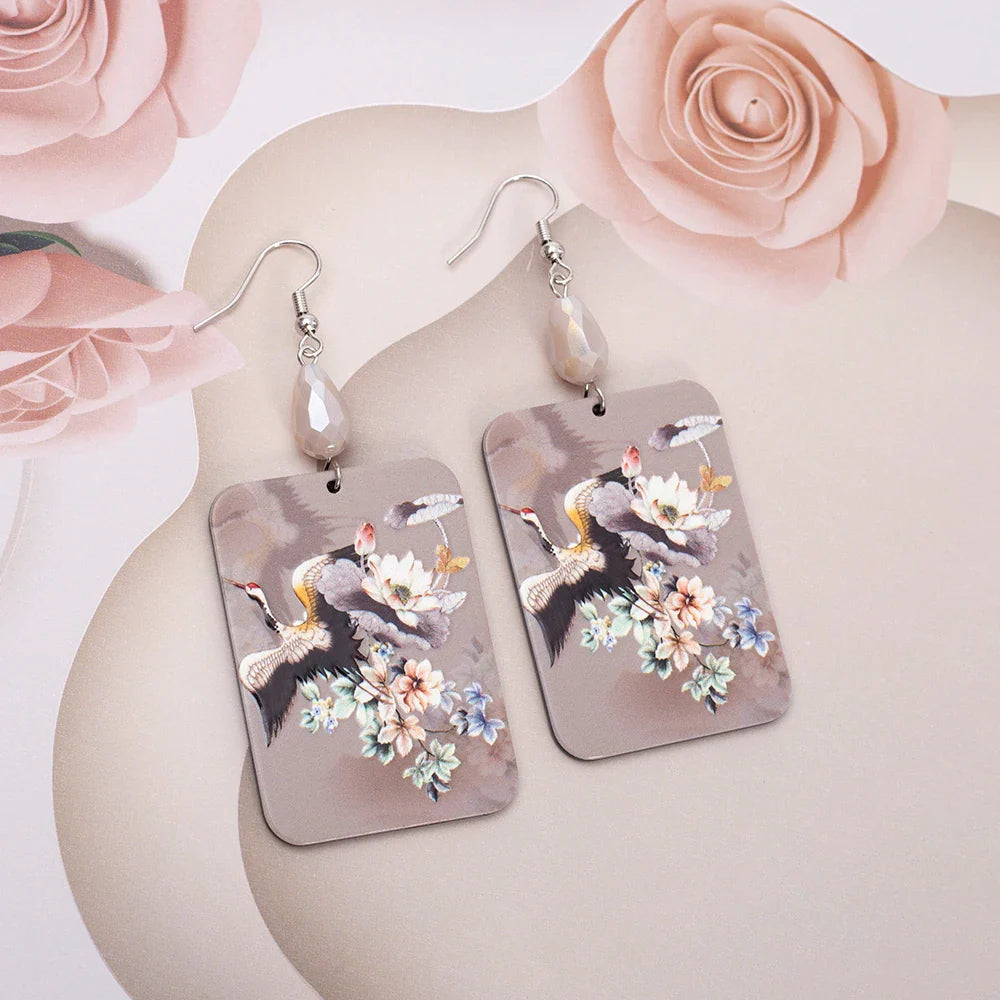 Chinese Crane Flower Dangle Earrings – 3D Printed Acrylic
