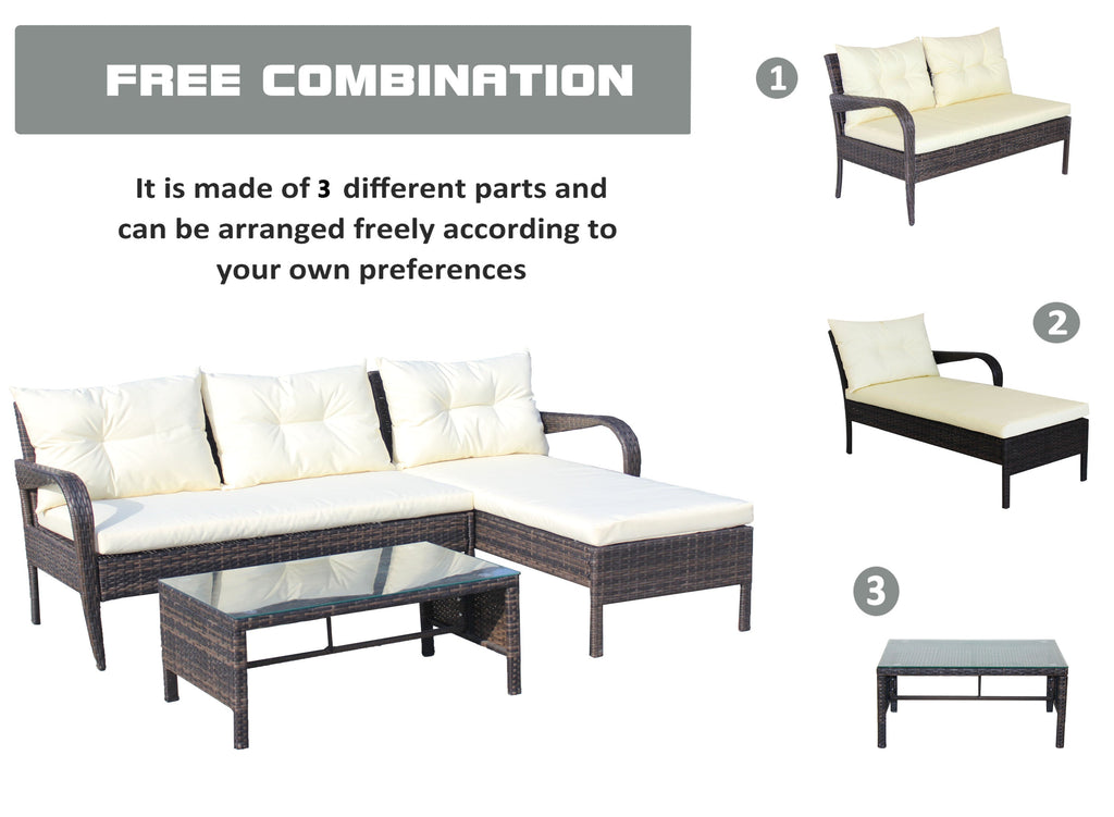 Outdoor Sectional Set PE Rattan Steel Brown Beige Cushion 3 Piece 560 LB