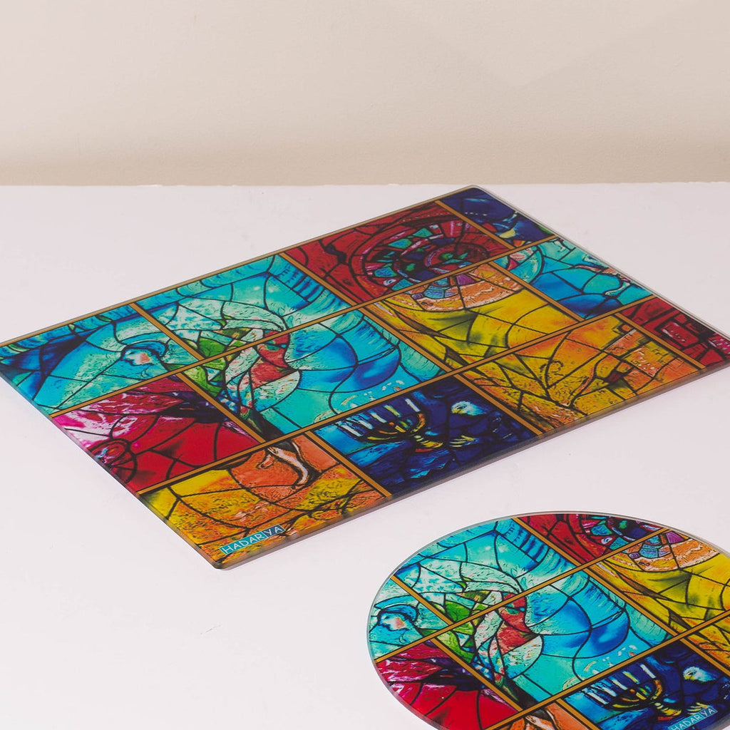 Decorative Glass Challah Tray with Jewish Art - Chagall Yellow Series