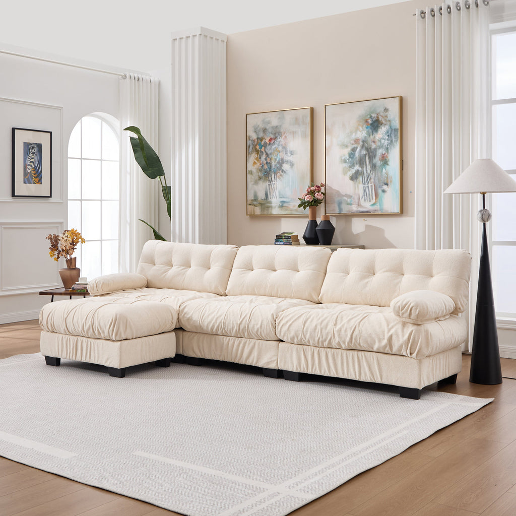 Sectional Sofa L-Shape Flannelette Beige 4 Seat Ottoman 123 In Deep Seat