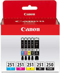 New, Pre-Owned - Canon PGI 250 Black & 251 Black & Color Ink Cartridge ( 5 Pack)
