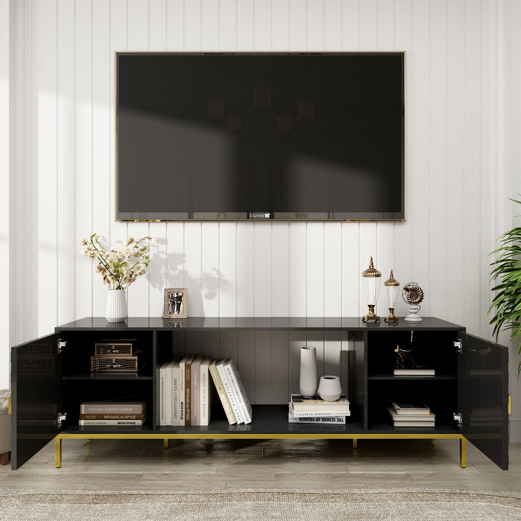 TV Stand Fireplace Space MDF Black Honeycomb Door Gold Legs 80 LB 70 In