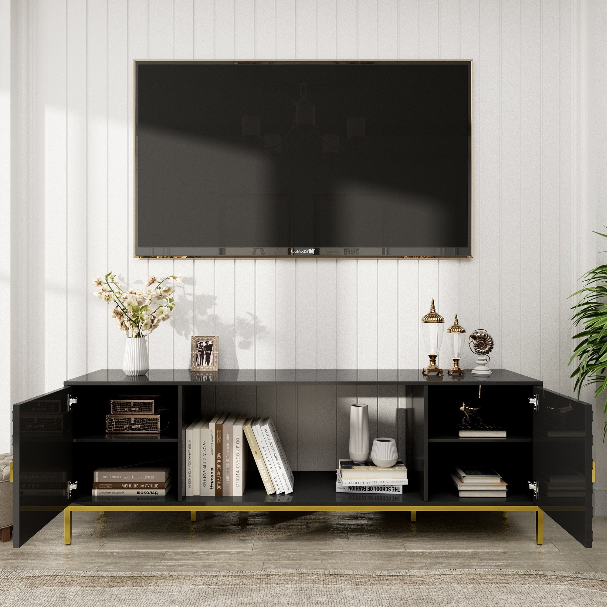 TV Stand Fireplace Space MDF Black Honeycomb Door Gold Legs 80 LB 70 In