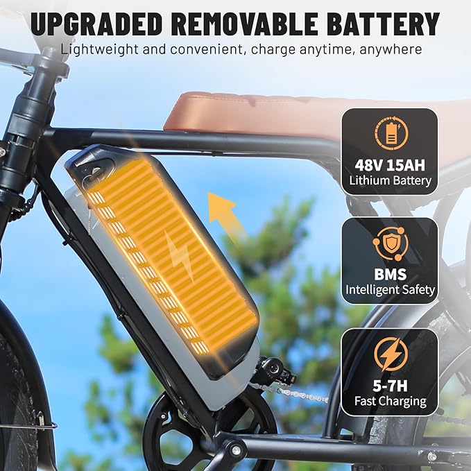 V8 Electric Bike for Adults, 20'' Fat Tire E Bike with Powerful Motor 48V 15Ah Removable Battery, 7-Speed Gears, 2 Seater E-Bike, Ebike Moped Style for Mountains, Snow, Sand, Road