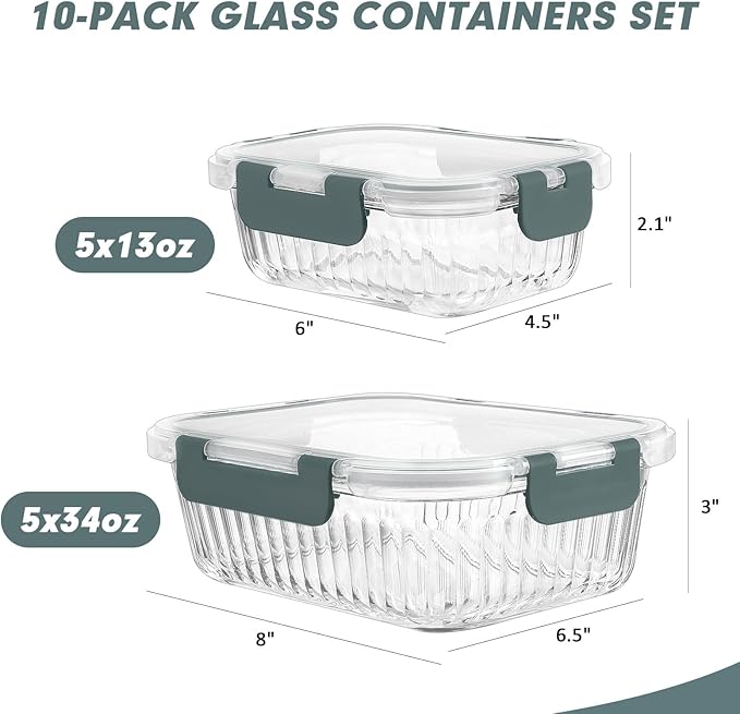 10 Packs Glass Meal Prep Containers with Lids, Glass Food Storage Containers Set, Airtight Lunch Containers, Microwave, Oven, Freezer and Dishwasher Safe, Gray