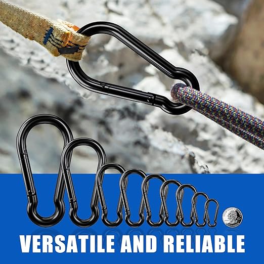 KINLINK 1 Pack Black Carabiner Clip, 4 inch Heavy Duty Spring Snap Hook, Caribeener Clips for Outdoor Camping, Swing Set, Hammock, Hiking Travel, Fishing, Weight Lifting Machine
