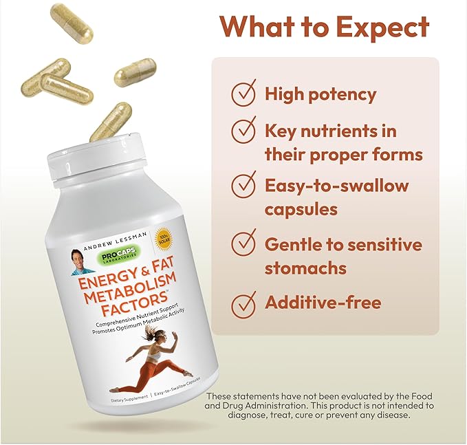 ANDREW LESSMAN Energy and Fat Metabolism Factors - 30 Capsules - Promotes Optimum Fat and Energy Metabolism, with Carnitine, Green Tea, Guarana, Ginseng, B-Complex. Easy to Swallow Capsules