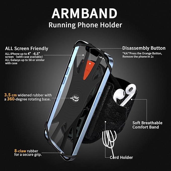 Wristband Phone Holder for Running,Phone Wrist Strap 360° Rotation & Detachable - Compatible with iPhone 16/15/13/XR, for Samsung and More - Fits 4''-6.5'' Phones - for Walking(S)