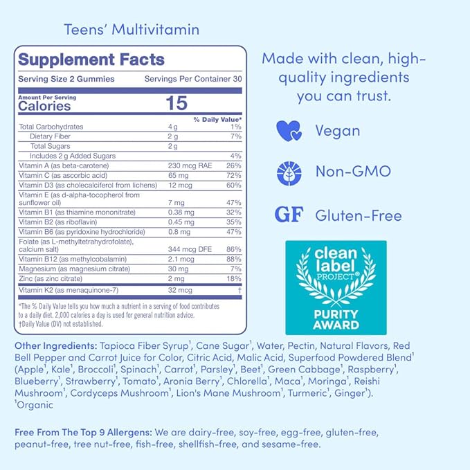 FIRST DAY Vitamins for Teens - Teen Multi Vitamins for Girls & Boys 12-17, Organic Fruit & Veggie Blend - 12 Key Nutrients: Vitamins A, B1, B2, B6, B9, B12, C, D3, E, K2-30 Day Supply
