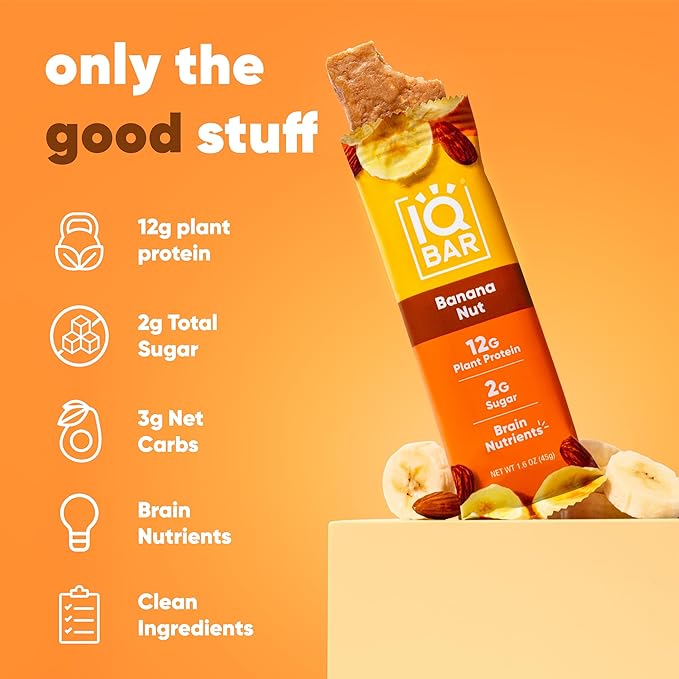 IQBAR Brain and Body Plant Protein Bars - Banana Nut - 36-Count Low Carb - Gluten Free, High Fiber, Vegan Snacks - Low Sugar Meal Replacement