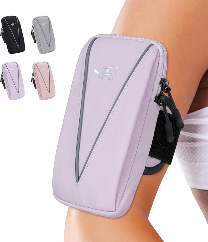 HiRui Cell Phone Holder Arm Bag & Wrist Bag for Phone, Sports Running Armband for Gym & Cycling, Compatible with iPhone 16/16Pro/Plus/15/14 Samsung Galaxy All Phones, Reflective & Adjustable (Purple)