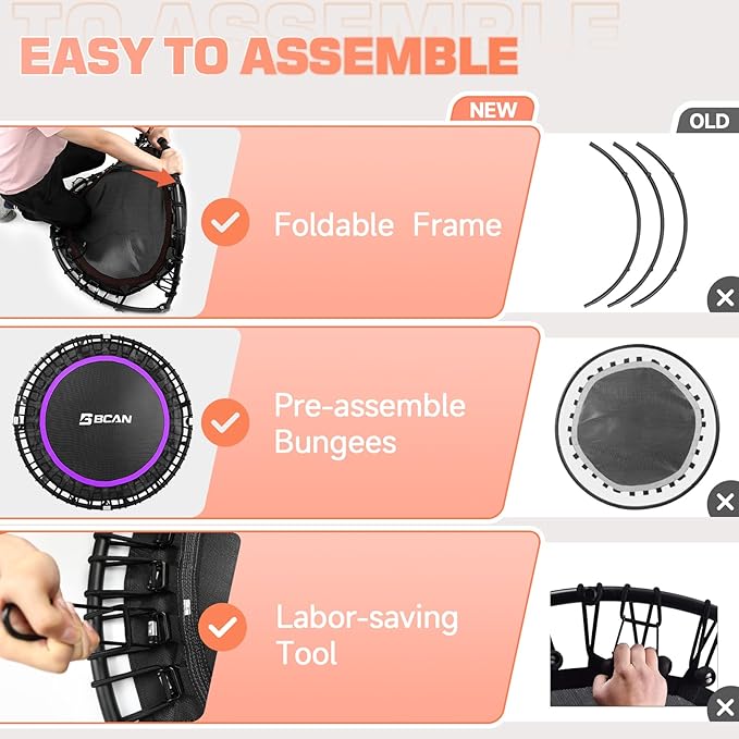 BCAN 40"/48" Rebounder Trampoline for Adult, 450/550LBS Fitness Trampoline with Bungees, Adjustable Handle, Stable & Quiet, Indoor Outdoor, Whole-Body Workout & Relaxation at Home for Women/Men