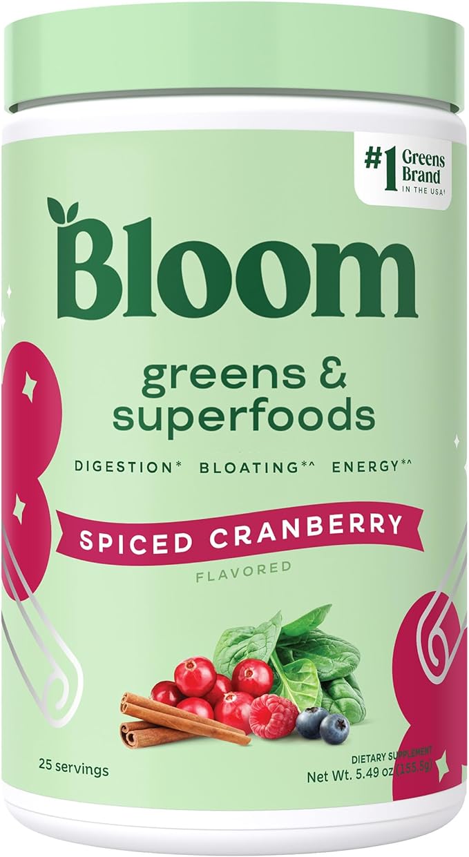 Bloom Nutrition Superfood Greens Powder, Digestive Enzymes with Probiotics and Prebiotics, Gut Health, Bloating Relief for Women, Chlorella, Green Juice Mix with Beet Root, 25 SVG, Spiced Cranberry