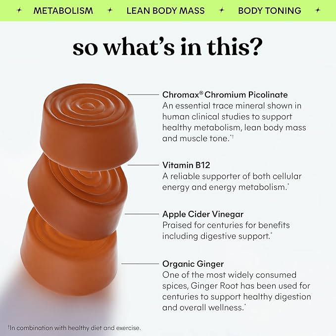 Lemme Tone Metabolism Gummies, Apple Cider Vinegar, Clinically Studied Chromium, B12, Ginger, Promote Lean Body Mass, Watermelon Apple Flavor (30 Day Supply)