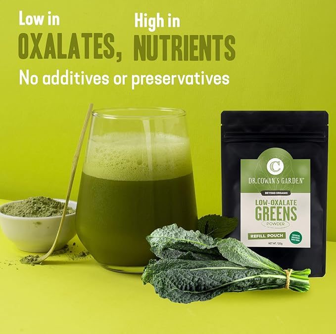Dr. Cowan's Garden Low-Oxalate Greens Veggie Powder Refill Pouch - Beyond Organic Superfood Greens Vegetable Powder for Drinks and Food - Lacinato Kale, Mustard Leaves, and Collard Greens