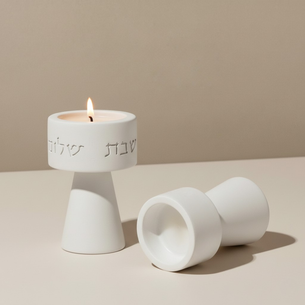 Traditional Shabbat Candle Holders with Contemporary Concrete Tray - Timeless Glow Series