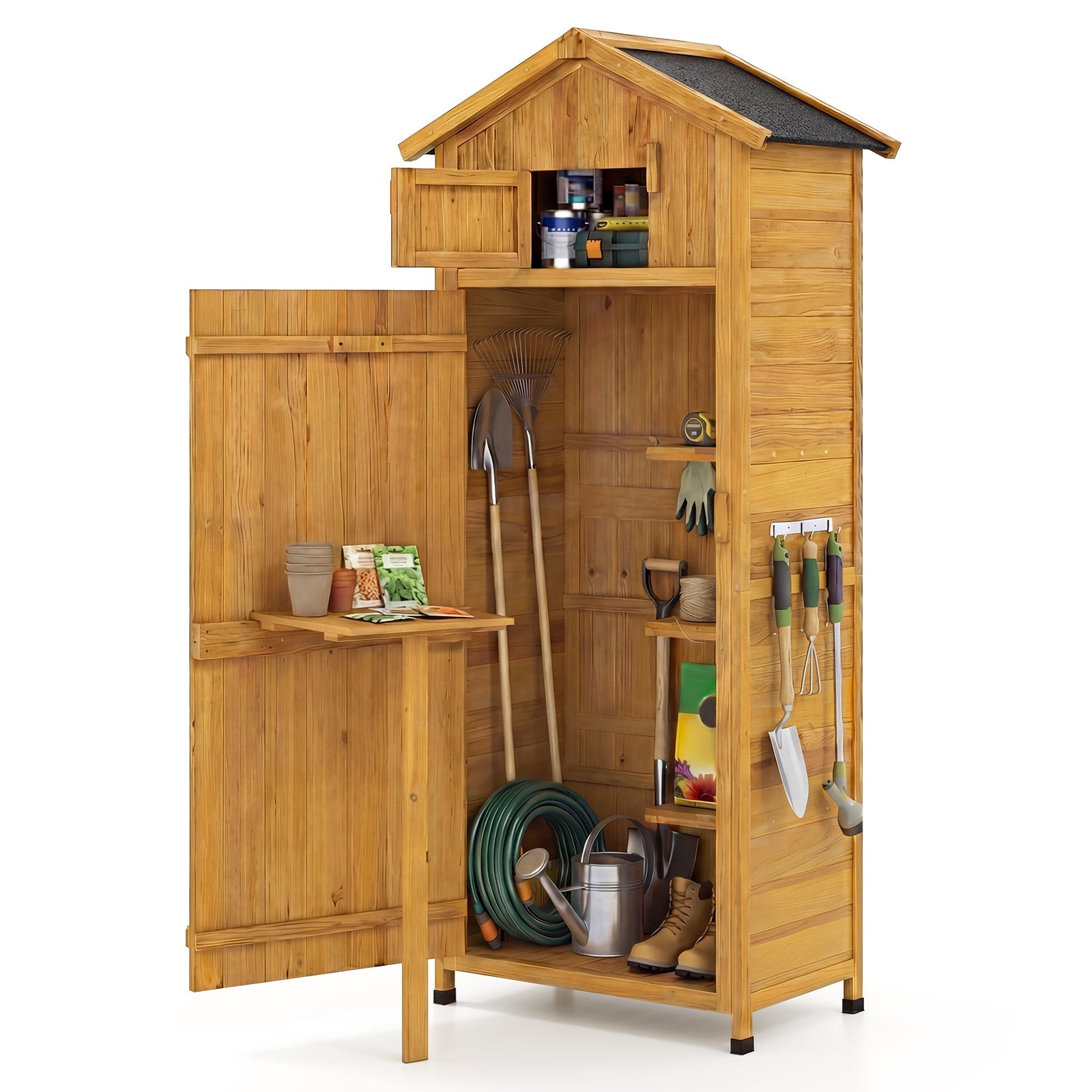 70 Inch Tall Garden Tool Storage Cabinet with Lockable Doors and Foldable Table