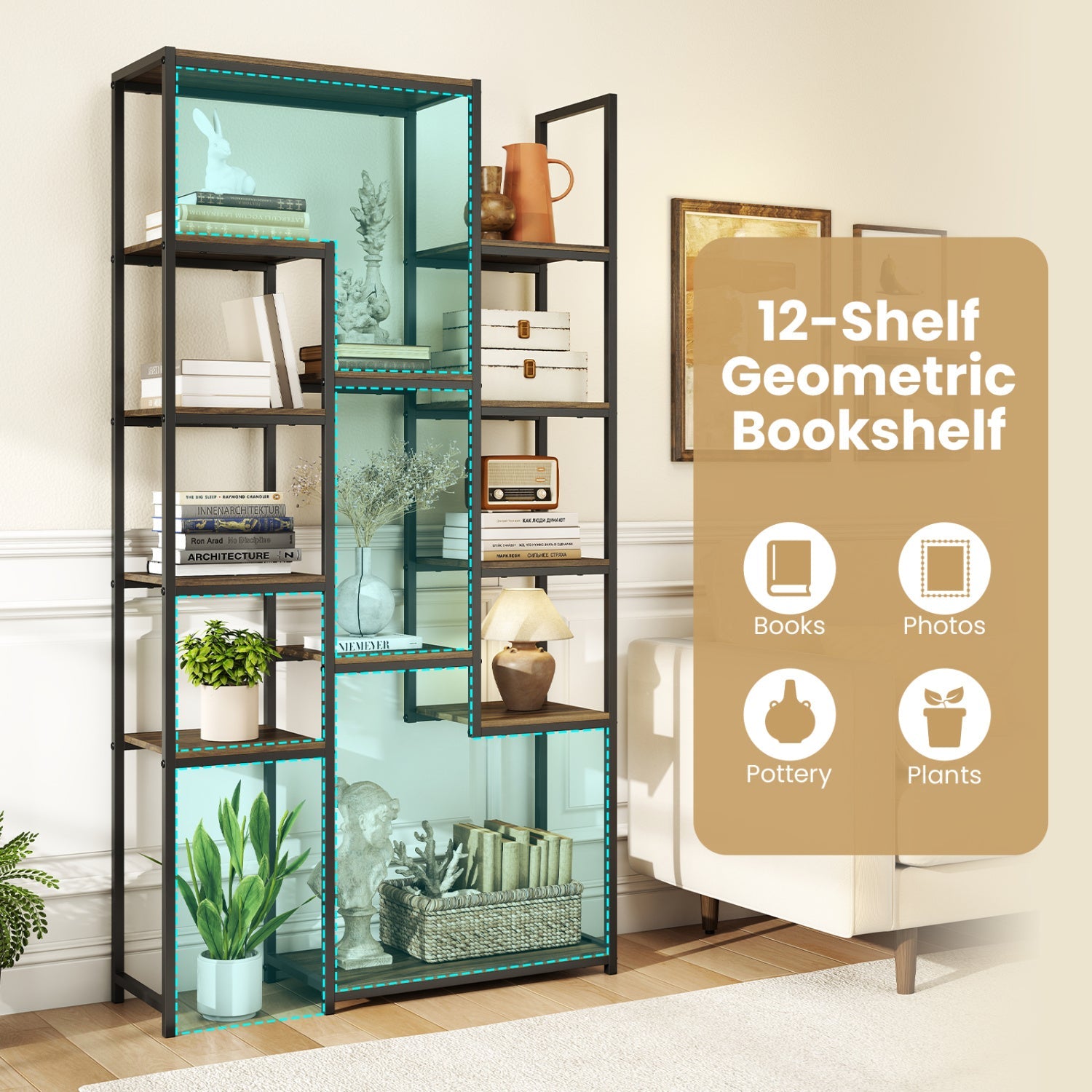 71 Inch Tall Vintage Geometric Bookshelf 12 Open Shelves-Walnut