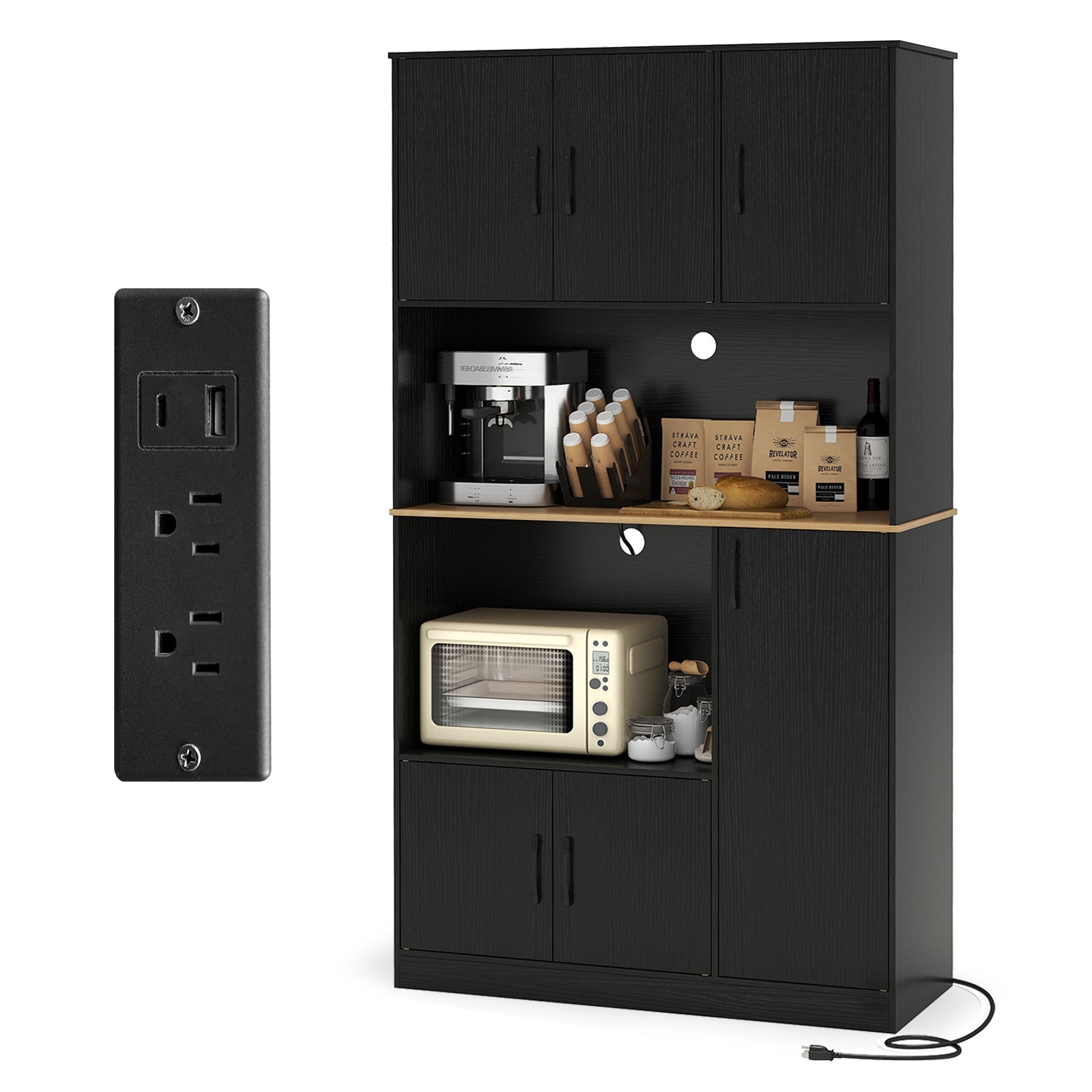 71" Tall Kitchen Pantry Cabinet with Charging Station Wooden Buffet Cupboard Sideboard
