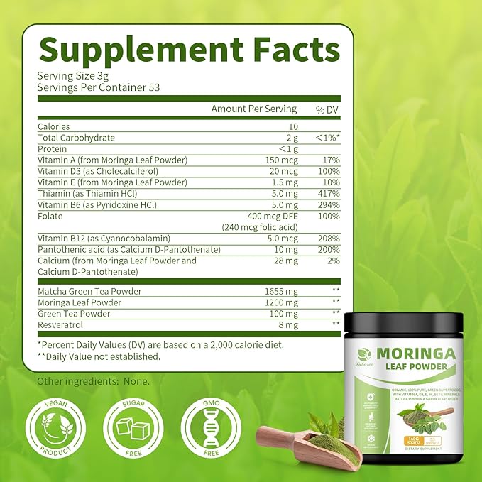 Organic Moringa Powder & Matcha Powder, Multi-Green Superfoods with Green Tea Resveratrol - Energy and Digestive Support, Rich in Antioxidants and Vitamin A D3 E B6 B12 Calcium, 5.64 oz 2 Pack